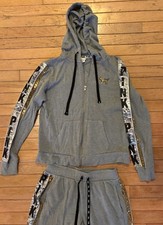 VICTORIA  S SECRET PINK Gray Small Sequin Bling Set Hoodie  Jogger Logo  Print