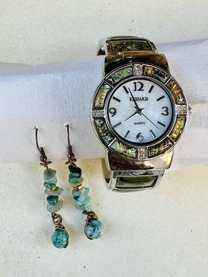 Kessaris Quartz Watch Mother of Pearl Abalone Inlay Handmade Stone Earrings Set