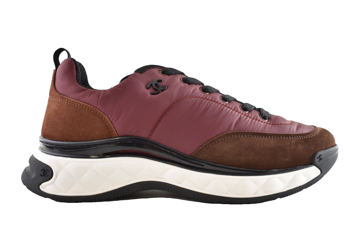 Chanel 21A Mens Burgundy Brown Black White CC Logo Low Top Trainer