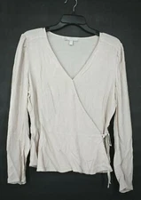 Chelsea28 Womens Beige Long Sleeve Wrap Top Surplice V Neck Side Tie Closure M