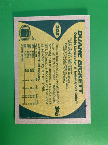 1989 Topps Duane Bickett #208 Indianapolis Colts - Picture 2 of 2