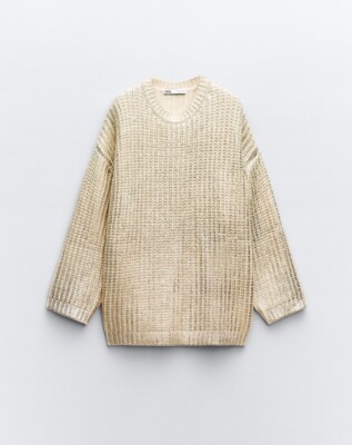 ZARA NEU DAMEN OVERSIZE FOLIENSTRICK PULLOVER HELLGOLD/SILBER Gr. S 9598/287