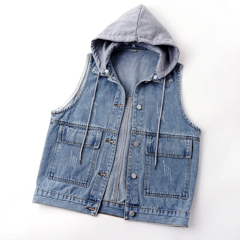 Men's Blue-GrayHood Casual Denim Biker Hoodie Shirt Sleeveless Hooded Vest  Jacket -