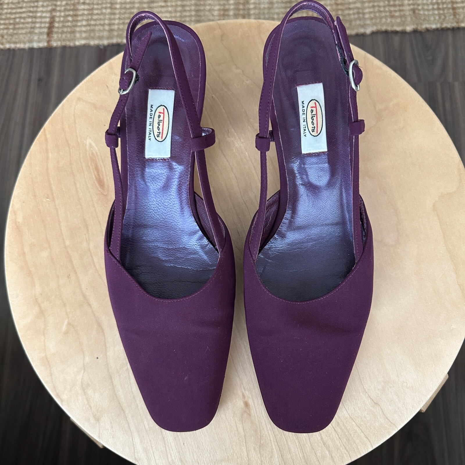 SAOLA Scarpa Talbots tessuto tacco a blocco punta a mandorla fondo suola pelle taglia 10M Italia