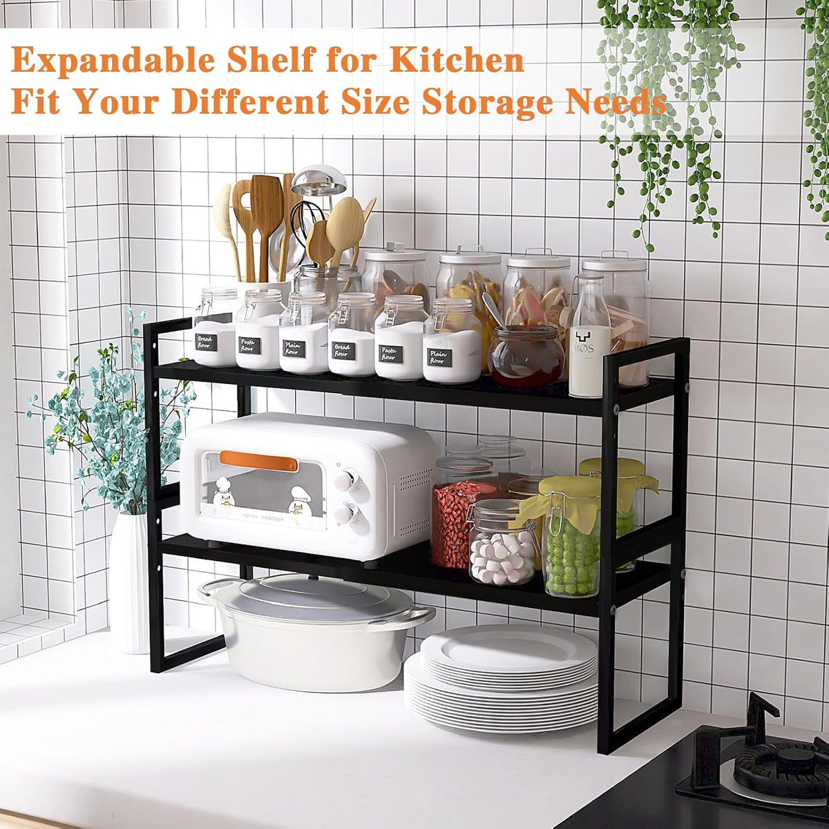 Hayexiha 2 Pack Expandable Kitchen Countertop Organizer Shelves - Adjustable Stackable Shelves For Cabinets & Pantry, Black - View #3