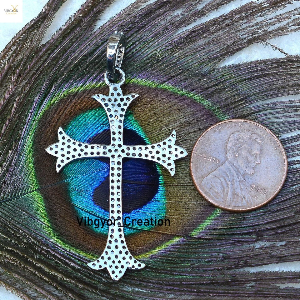 Colgante Pavé Natural Diamante Santa Cruz 16" Cadena de Eslabones 925 Plata Sólida Joyería Foto 4 de 4