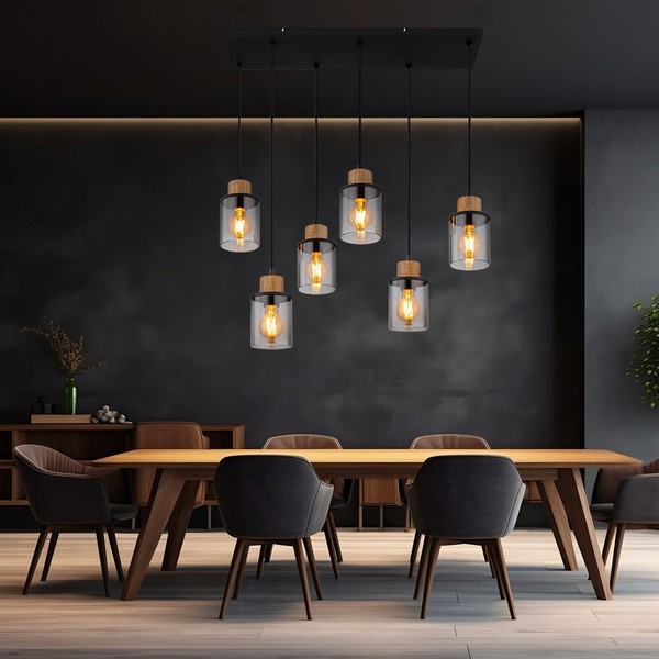 Esszimmerleuchte Pendelleuchte HäNgelampe 6X E27 Holz HöHenverstellbar Rauchglas-image