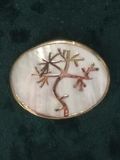 Vintage Mother Of Pearl Gold Tone Tree Of Life Design Brooch