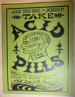 ACID PILLS VINTAGE 1967 PAUL MARSHALL HIPPIE HEADSHOP POSTER NOS -Green, 20x26