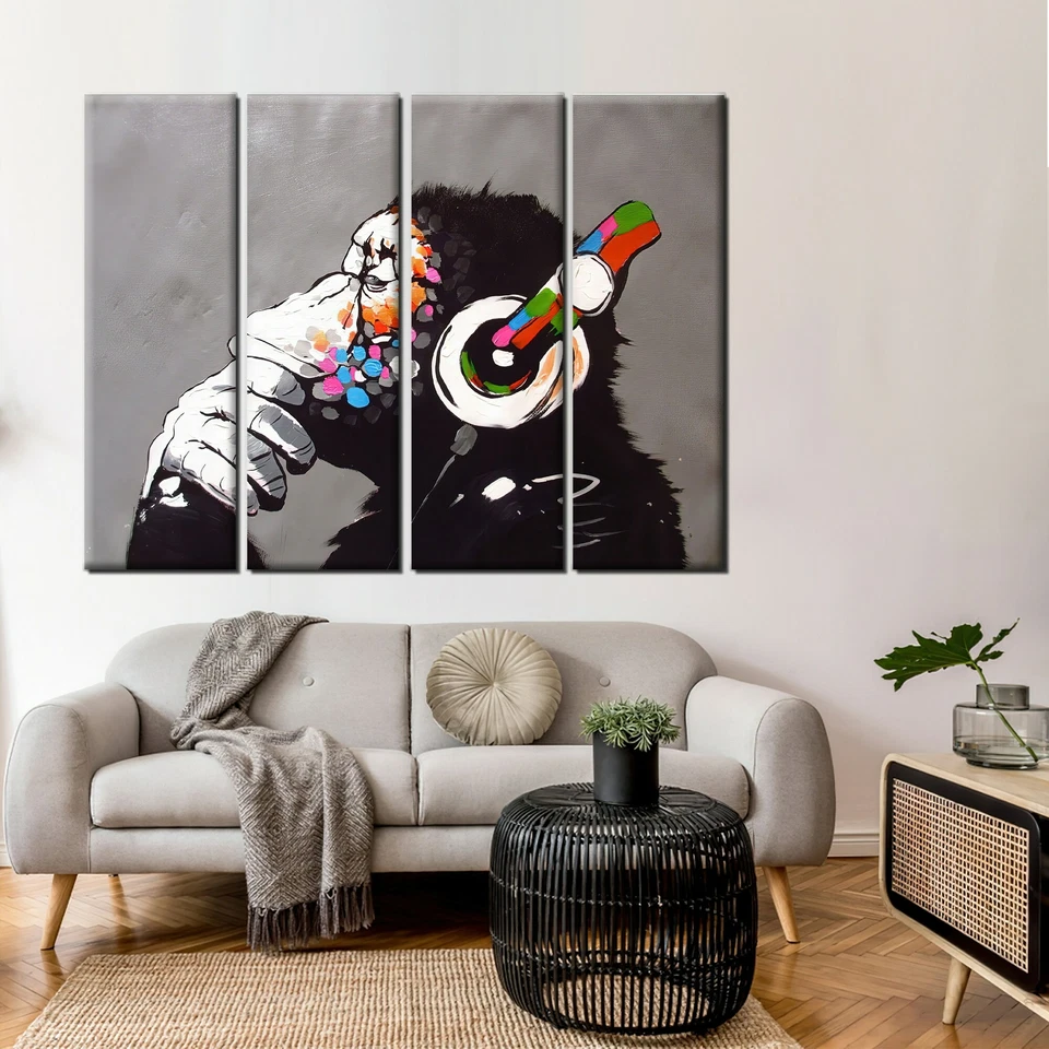 Banksy DJ 猴子,大猩猩黑猩猩帆布墙艺术,Banksy Thinking Monkey,Headpho — 第 3/4 张图片