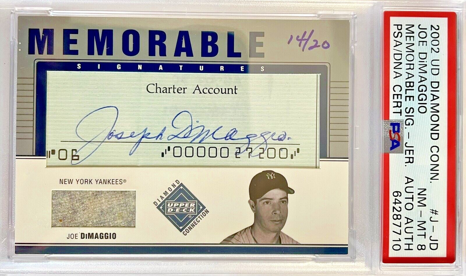 Joe DiMaggio Autographed Signed New York Yankees 2002 UD Diamond Connection Jersey Serial # 14/20 PSA 8 