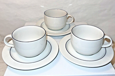 (3) Suisse Langenthal Ascona cups & saucers white blue accent rim trim excellent