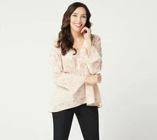 H by Halston Printed V-Neck Double Layer Flounce  - Sand (Reg 14 ) a350236  