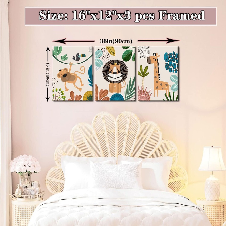 AKWISH 3Pcs Framed Safari Animals Canvas Wall Art 12"x16"x3 Framed