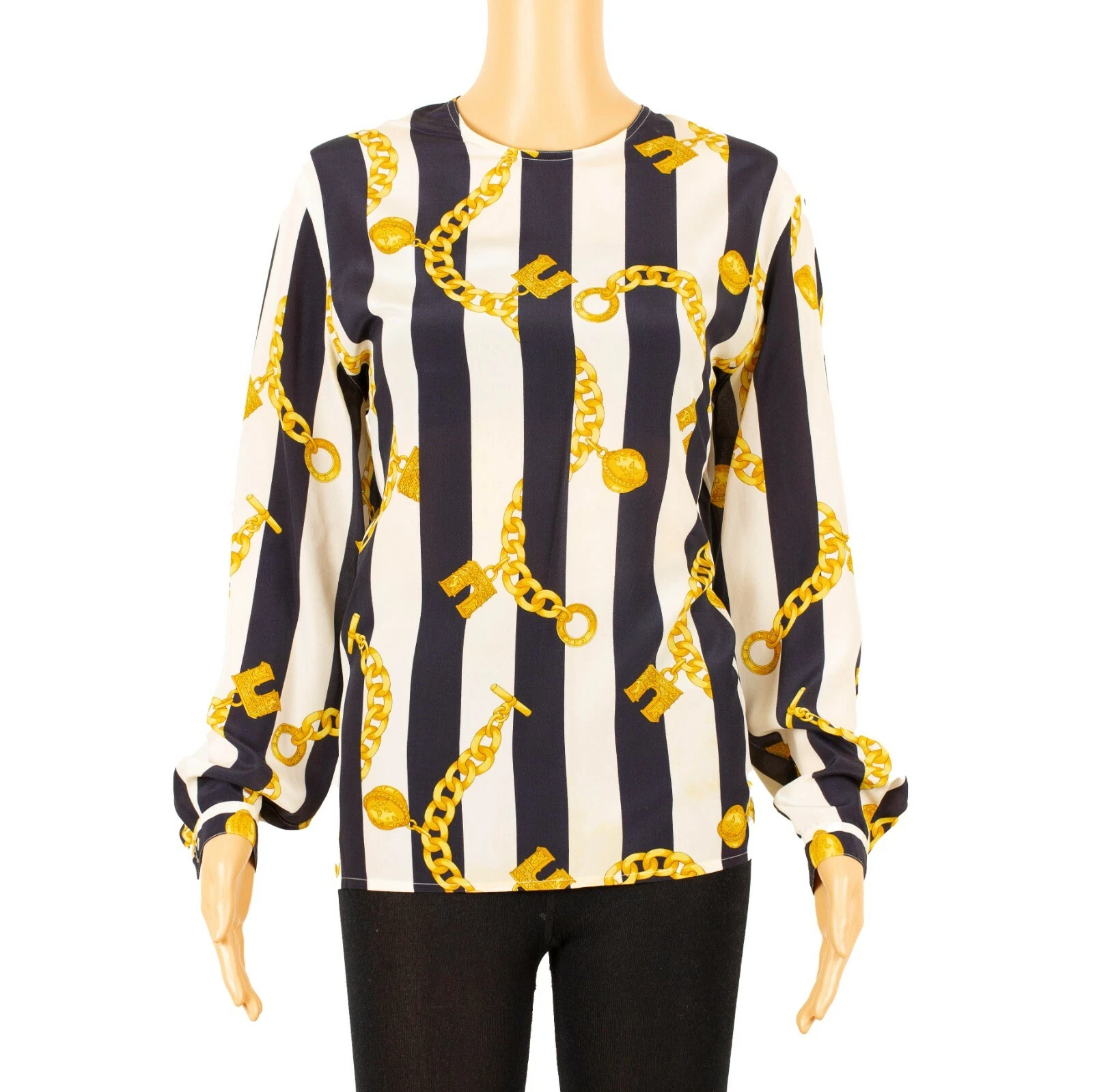 Camicia da donna vintage Celine Paris a maglia catena a righe L11126 taglia small