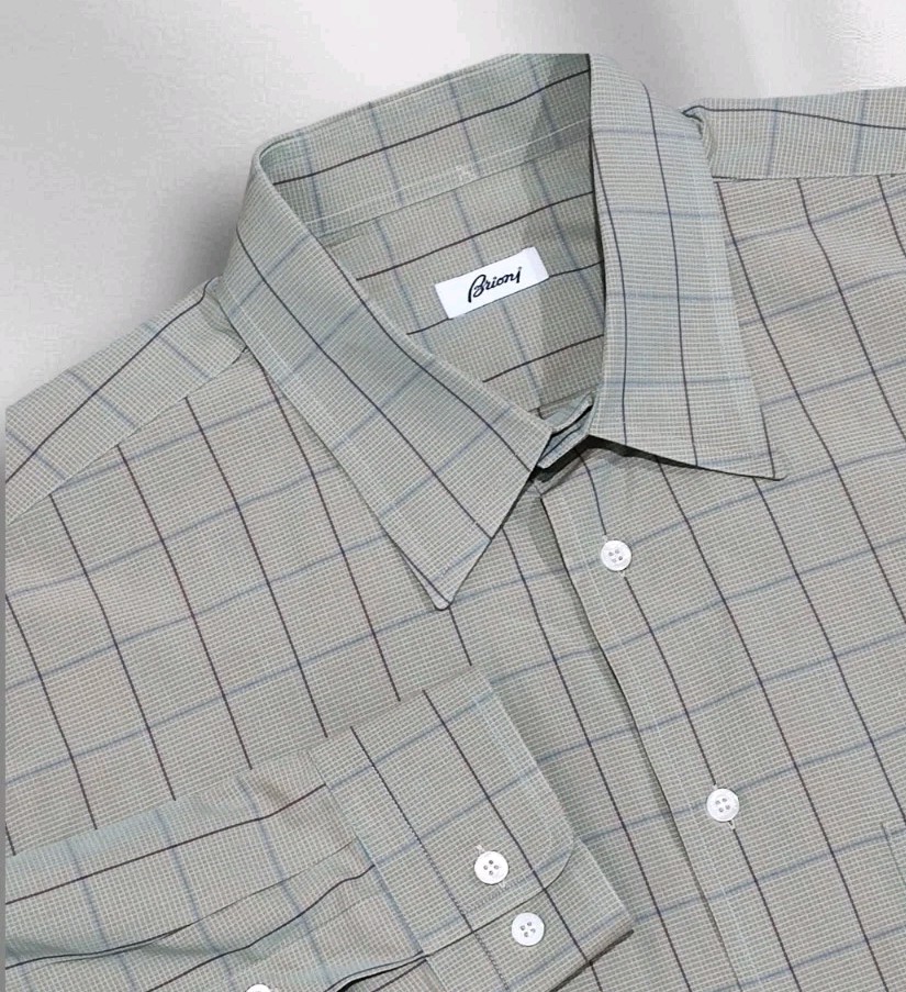 Brioni Dress Shirt Men's XL Cotton Sage Green Full Cut Windowpane Check Italy