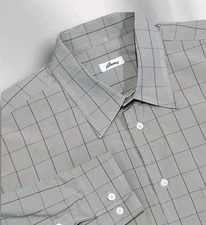 Brioni Dress Shirt Men's XL Cotton Sage Green Full Cut Windowpane Check Italy