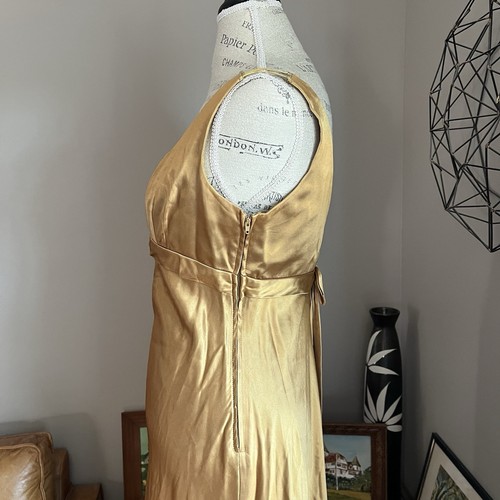 Vintage Zum Zum Liquid Gold Gown Formal Deep V Back Bow Bridgerton Retro S - Picture 5 of 14