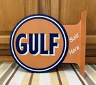 Gulf Gas Oil Flange Sign Sold Here Doubled Sided Garage Vintage Style Wall Decor