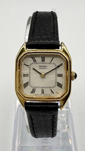 Seiko Women Quartz Watch 1400-7049 Gold Tone Rectangle White Dial Roman Numerals