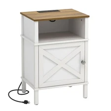 Farmhouse Nightstand with Charging Station, White Bedside Table with USBType-...