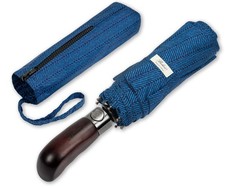 Balios Travel Folding Umbrella with Real Wood Compact, Herringbone Navy Blue