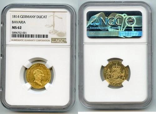 GERMANY Maximilian Josef of Bavaria RARE Ducat 1814 =TOP POP= NGC MS-62