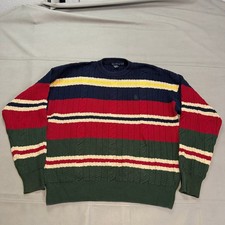 VTG 90 Y2K Nautica Men XL Cable Knit Sweater Stripe Sailboat Cotton Crewneck5331