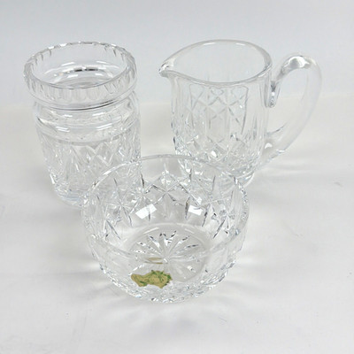 3 Waterford Crystal Pieces: Preserve Jar, Open Creamer & Open Sugar Bowl - Mint