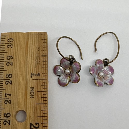 Enamel Cloisonne Pansy Flower Dangle Earrings Pearl Center, Floral Drop Earrings - Picture 2 of 6