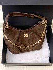 AUTH Chanel 26C Small Brown Quilted Suede Gold Hardware Chain Shoulder Hobo Bag