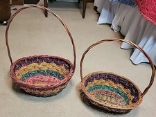 Lot Of 2 Vtg/Old Woven Wicker/Raffia Braid Easter Baskets Bright Colors 10  12"