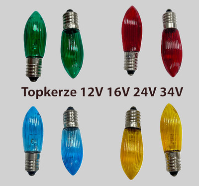 farbige Topkerze E10 Riffelkerze Glühbirne bunt 12 16 24 34V rot blau grün gelb