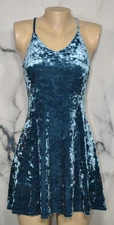 ARIZONA JEANS CO. Teal Blue Stretch Velvet Strappy Mini Skater Dress Small