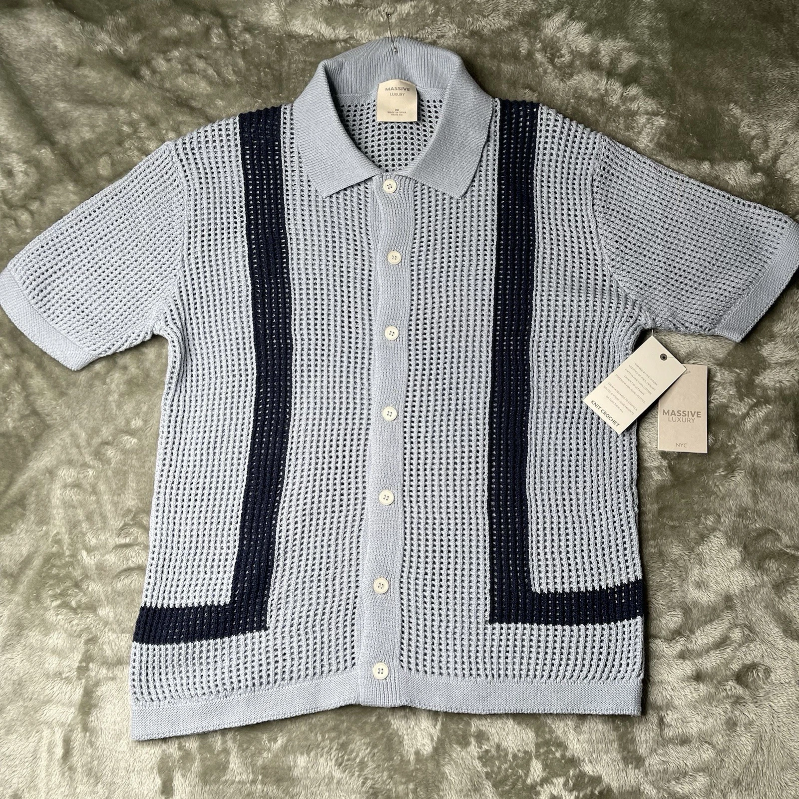 Massive Luxury Men’s Stylish Knit Crochet Polo Shirt Blue Size M