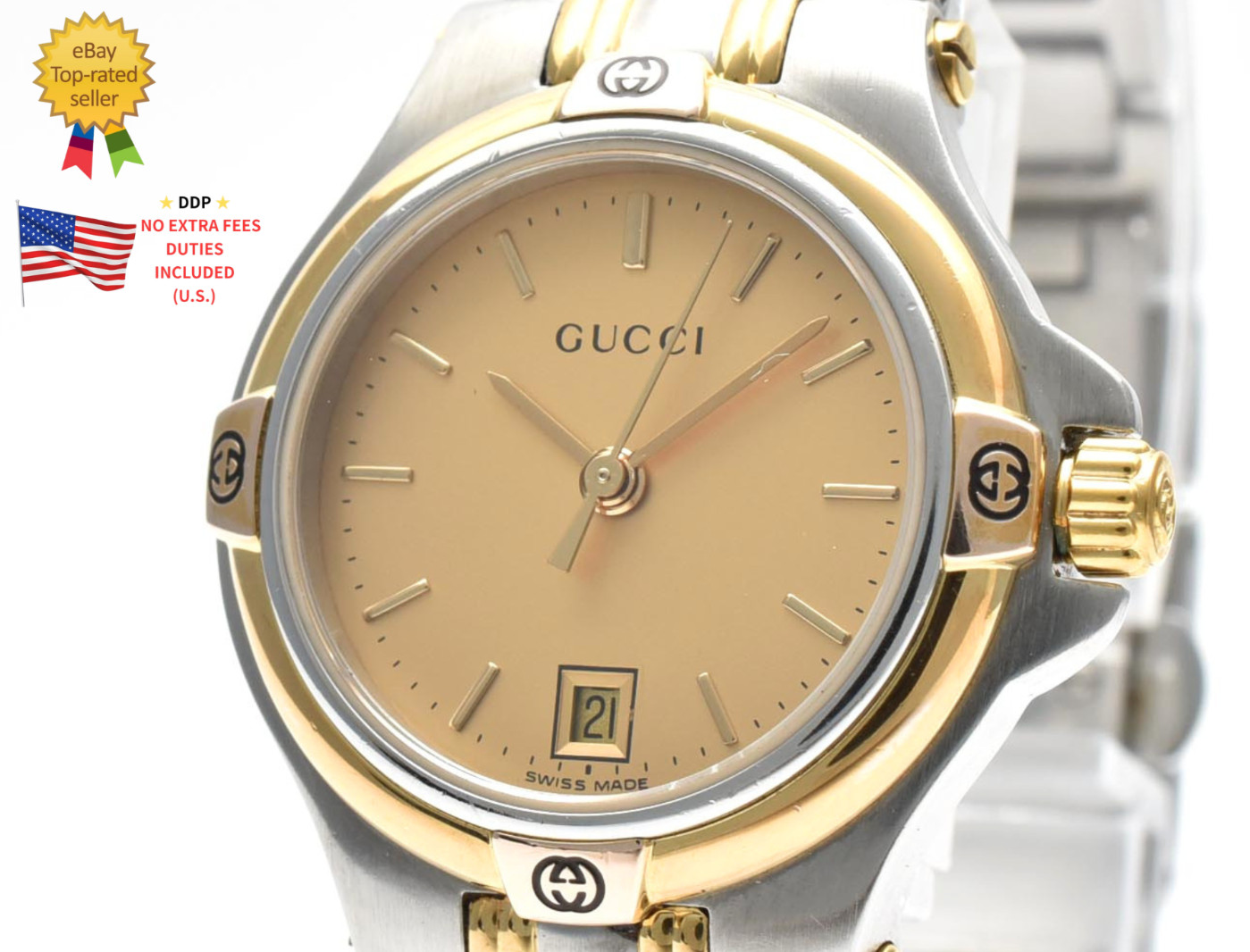 ▶️[ Near MINT ] Vintage GUCCI 9040L Gold Dial Date Two Tone Quartz Women's Watch