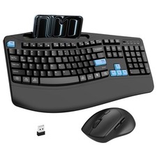 Wireless Keyboard and Mouse Combo, 2.4G Full Size Wave Keys Ergonomic Keyboar...