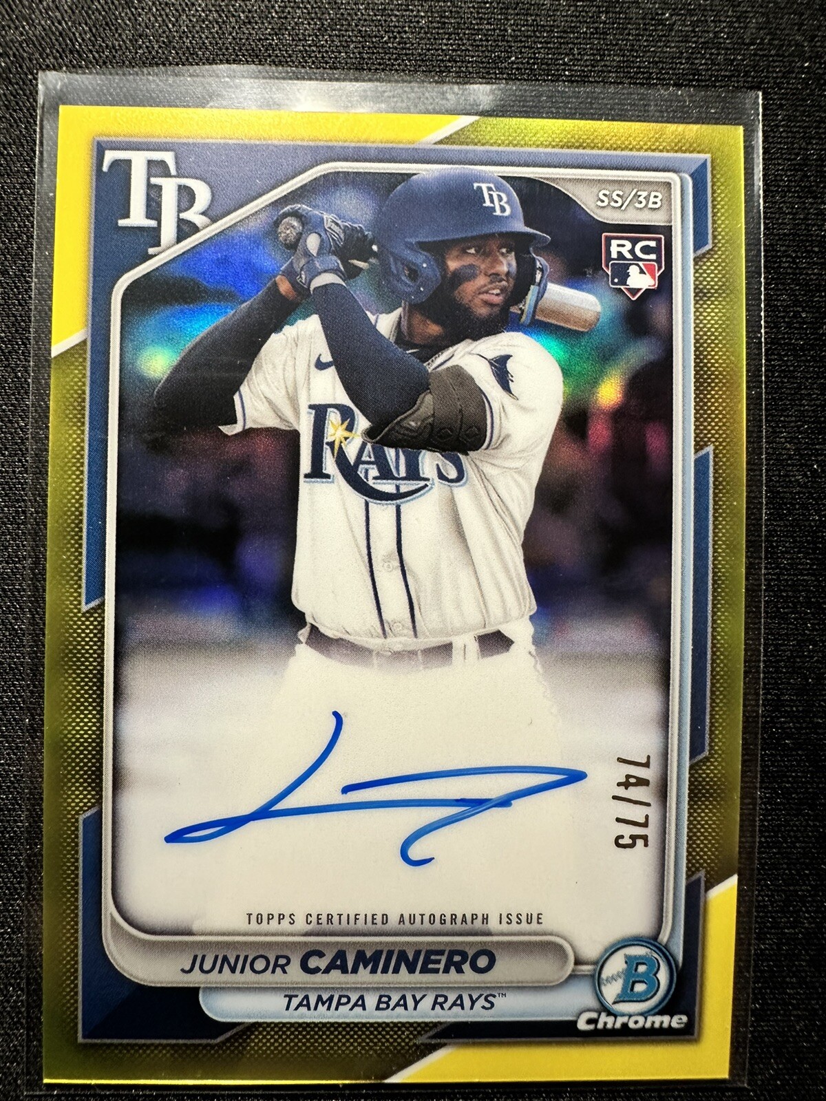 2024 Bowman Chrome Junior Caminero YELLOW Auto /75 RC CRA-JCA Tampa Bay Rays