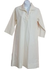 Vintage Womens Dress Linen Blend Ivory Collared Boxy Shift Long Sleeve Hand Made