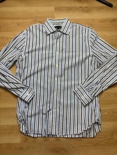 Express Design Studio Men  s Long Sleeve Shirt L Classic Fit White Navy Stripe
