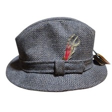 Dorfman Pacific Fedora Hat Medium Grey Herringbone Feather Accent Made In USA