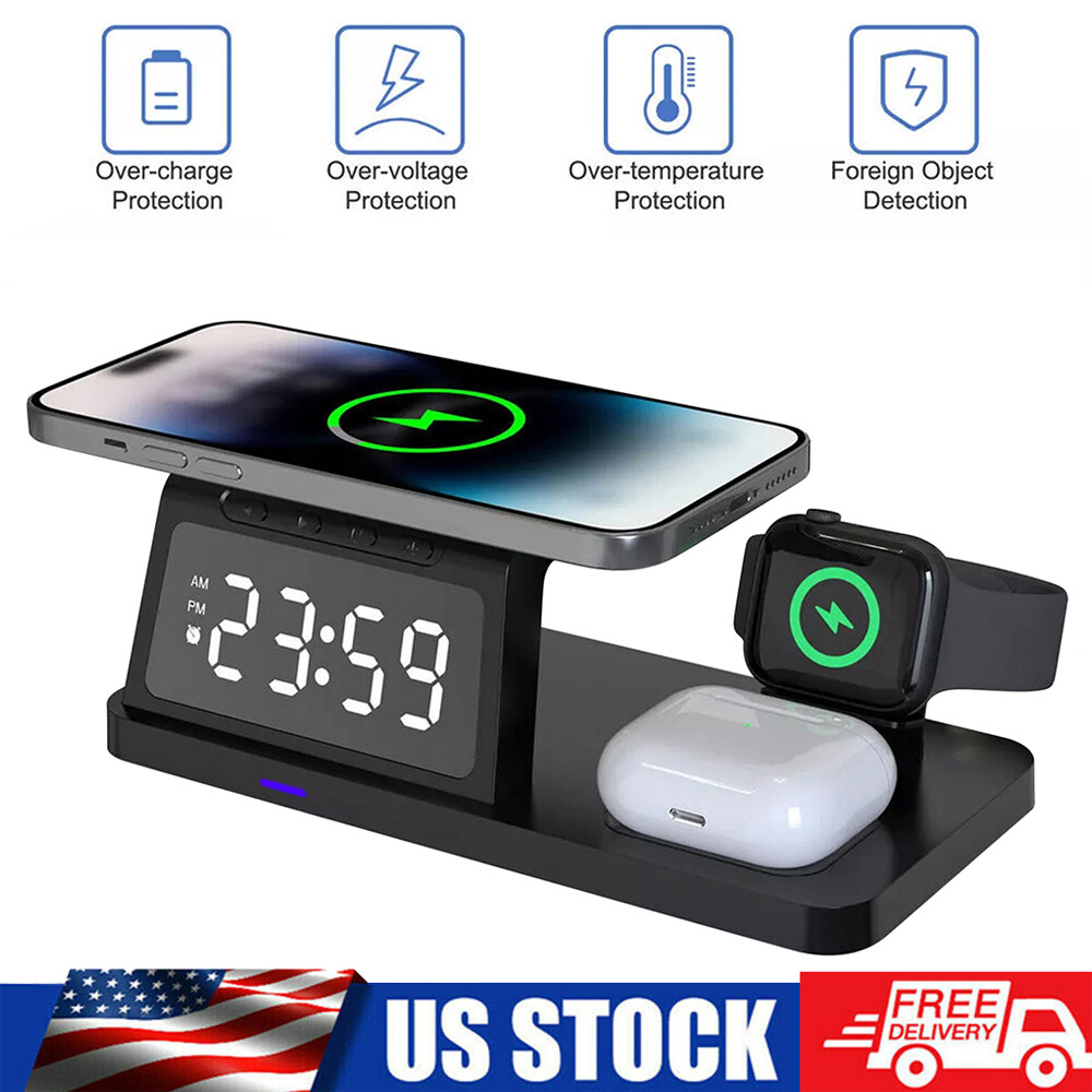 США 5 в 1 беспроводное зарядное устройство док-станция зарядная станция с ЖК-дисплеем будильник для iPhone