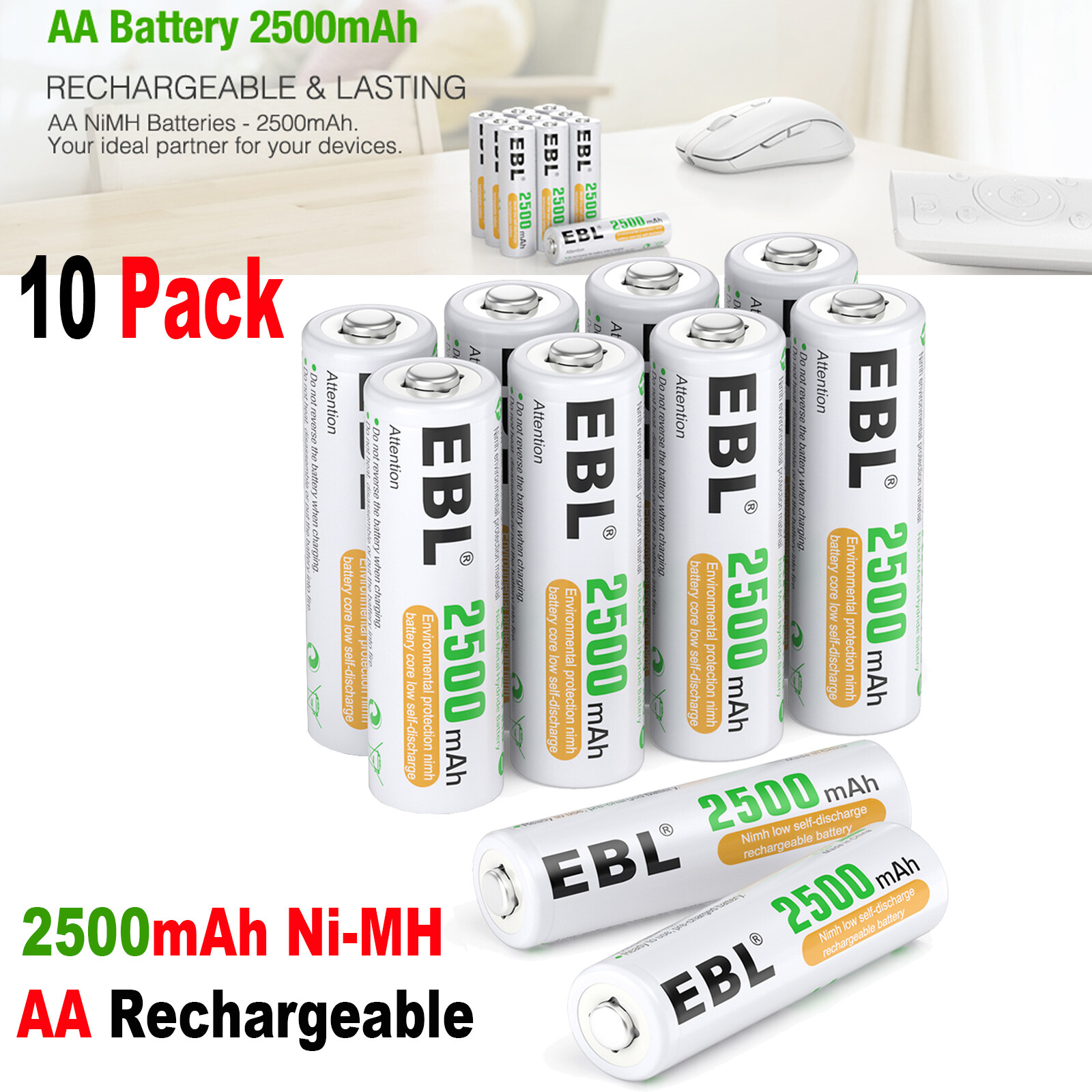 10Pcs EBL 2500mAh AA Rechargeable Batteries for TV Remote-image