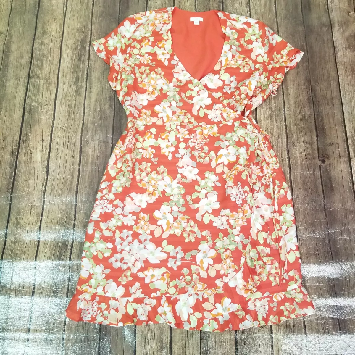 J. Jill Womens Dress M Medium Orange Wrap Flutter Sleeve Floral V-Neck  Lined