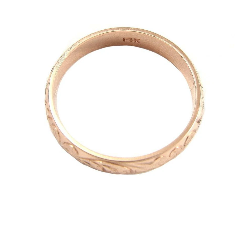ANILLO BANDA PERGAMINO REINA PLUMERIA HAWAIANA GRABADO A MANO PERSONALIZADO ORO ROSA 14K 4 MM Foto 4 de 4
