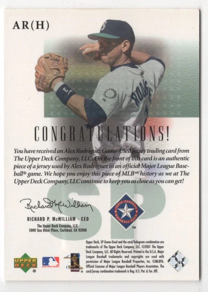 2001 SP Game Used Edition Authentic Fabric Alex Rodriguez Texas Rangers #AR(H) - Image 2 of 2