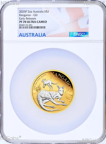 2025 Australia GILT Proof 2oz .9999 Silver Kangaroo $2 Coin NGC PF70 ER Flag LB