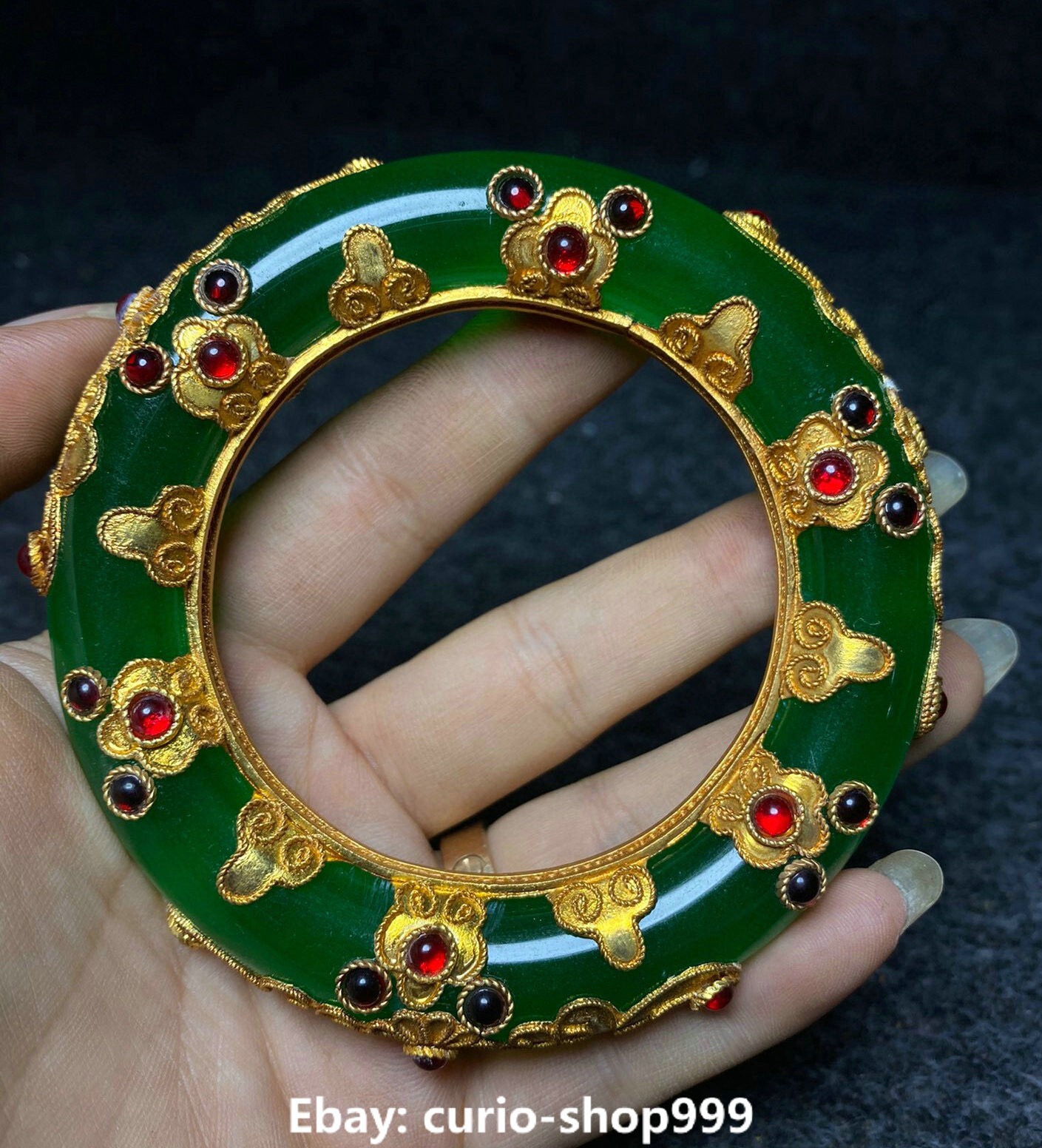 Natural Green Jadeite Gilt Flower Inlay Gemstone Bracelet Bangle