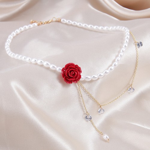 Collares collares colgantes con dije de flores de rosa roja dulce cuentas de perlas de imitación - Imagen 5 de 6