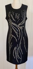 CAROLINE MORGAN 12 Dress Stretch Bodycon Black w Swirly Beading Zip Evening